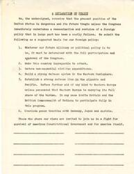 ["The document  outlines a suggested foreign policy for the United States, emphasizing the need for Congress to have full participation in determining military and political decisions. It calls for making the country impregnable to attack, reducing non-essential civilian expenditures, and building strong defense systems in the Western Hemisphere. The document  also suggests establishing defense lines in the Atlantic and Pacific, refusing further aid to Western Europe unless they are carrying their share of the burden, and inviting Britain and the British Commonwealth of Nations to participate. Additionally, it proposes concluding peace treaties with Germany, Japan, and Austria. The document  calls for a fight for the survival of American Constitutional Government and America itself."]