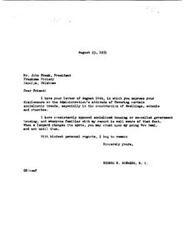 ["Mr. Frank of Frankoma Pottery wrote to Representative Schwabe expressing his opposition to socialistic trends in the construction of dwellings, schools, and churches. He believes that the responsibility for such projects should be on the state and community level, not the federal government. Representative Schwabe responded, assuring Mr. Frank of his consistent opposition to socialized housing and government housing."]
