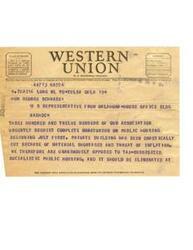 ["The document  is a telegram urging for a moratorium on public housing due to material shortages and inflation threats, opposing tax-subsidized public housing, and advocating for the elimination of wasteful public housing programs. It also calls for the elimination of credit controls to help low-income families acquire homes and prevent inflation and communism. The telegram is signed by the President of the Tulsa Home Builders Association. Indian Claims Commission Act."]