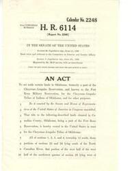 ["The document  is about a bill, H.R. 6114, introduced in the 81st and 82nd Congress sessions regarding the transfer of certain lands in Oklahoma, known as the Fort Reno Military Reservation, to the Cheyenne-Arapaho Tribes of Indians of Oklahoma. The Oklahoma Farm Bureau opposes the transfer and believes any obligations to the Indians should be filed in the Court of Claims. Congressman Toby Morris is mentioned as the one who will reintroduce the bill in the 82nd Congress. Congressman George B. Schwabe expresses willingness to monitor the bill's progress and discuss it with Congressman Morris."]
