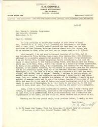 ["The document is from K.B. Cornell, a public accountant, to Congressman George B. Schwabe regarding H.R. 1631, a bill concerning lands near El Reno, Oklahoma. Cornell supports the bill as it is just for the Cheyenne-Indian Tribe and believes in doing what is right, regardless of political affiliation. He also mentions his professional field in tax accounting and praises Schwabe's ideas on taxation preferences. Cornell leaves the matter to Schwabe's judgement and expresses frustration over recent political events."]