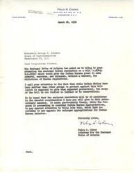 ["Felix S. Cohen, attorney for the Hualapai Tribe of Arizona, has written to Congressman George B. Schwabe to bring attention to a bill that would give the Indian Bureau expanded powers to make arrests, searches, and seizures without a warrant. The tribe is concerned that this bill could result in the violation of rights and freedoms of Indian people and is urging Congress to reject the bill. The resolution passed by the Hualapai Tribal Council outlines their objections to the bill and calls for it to be rejected."]