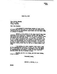 ["The document is a response to Miss Shinkle's concerns about the Departmental supervision over the Osage Tribe of Indians in Oklahoma. The writer, George B. Schwabe, M.C., expresses his views on the Basone bill and sends a copy of the Congressional Directory for reference. Miss Shinkle also mentions concerns about foreign aid and tax money being used for unnecessary purposes. She requests Senator Schwabe's help in the matter."]