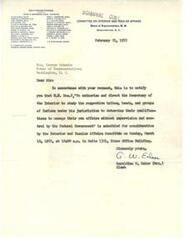 ["The document  provides a list of members of the Committee on Interior and Insular Affairs in the Eighty-Second Congress, along with a notification to Honorable  George Schwabe regarding the consideration of H.J. Res.8. The resolution is about authorizing the Secretary of the Interior to study Native American tribes to determine their ability to manage their own affairs without federal supervision. The resolution is scheduled for consideration on March 10, 1952."]