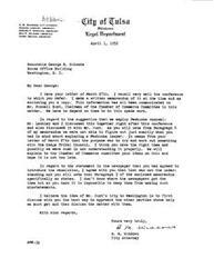 ["The City of Tulsa's legal department, led by City Attorney A. M. Widows, received a letter from Congressman George B. Schwabe regarding the change of boundaries between Osage County and Tulsa County. Schwabe suggested some preliminary work before introducing a joint resolution, including approaching Senators Monroney and Kerr. He also mentioned the importance of getting support from Congressman Stigler and possibly hiring Pawhuska counsel, specifically mentioning attorney William S. Hamilton. The legal department agreed to discuss these suggestions with the Chamber of Commerce committee and hoped to work towards achieving the desired boundary change."]
