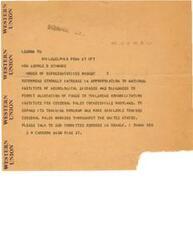 ["The document is a telegram sent by S. M. Cameron to the Honorable George B. Schwabe, recommending a strong increase in appropriation to the National Institute of Neurological Diseases and Blindness in order to allocate funds to the Children's Rehabilitation Institute for Cerebral Palsy in Cockeysville, Maryland. The goal is to expand the training program and make trained cerebral palsy workers available throughout the United States. Cameron asks Schwabe to speak to subcommittee members on behalf of the recommendation."]