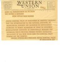 ["A telegram from the President of United Cerebral Palsy of Washington DC urgently requests an increase in appropriation to the National Institute of Neurological Diseases and Blindness to allocate funds to the Children's Rehabilitation Institute in Cockeysville, Maryland to expand their training program and improve efficiency in work for cerebral palsy nationwide."]