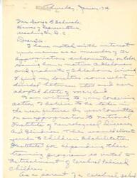 ["The document is from Elua Truebland Howell, a parent of a child with cerebral palsy, to Congressman George B. Schwabe regarding an appropriation for the National Institute of Neurological Disease and Blindness. Elua believes that funding the Children's Rehabilitation Institute for expanding training programs for cerebral palsy children is important and requests favorable action from the committee. Elua offers further information and mentions having a mild case of cerebral palsy. Elua also mentions their brother-in-law, ex-Senator Perry Howell, who is a Republican."]