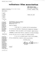["The document is a letter written by Marjorie Lang, the founder of a volunteer film association, to The Honorable George B. Schwabe. Lang is requesting an increase in funding for the Children's Rehabilitation Institute to expand their training program and increase efficiency in their work with cerebral palsy patients. She asks Schwabe to personally speak to members of the sub-committee to advocate for the funding increase. The document is signed by Lang as well as other members of the Board of Directors of the association."]