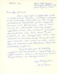 ["The document is a request for support for the Institute of Neurological Diseases and Blind, as the writer's wife has multiple sclerosis. The Institute has a small budget for 1952 and is requesting an increase to eight million dollars for 1953 to continue their important work."]