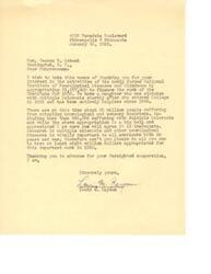 ["The writer is thanking Congressman George B. Schwab for his support in funding the National Institute of Neurological Diseases and Blindness. They mention their daughter's struggle with Multiple Sclerosis and advocate for more funding for research on neurological diseases, stating that the current appropriation of $1,187,400 is inadequate. They ask for at least eight million dollars to be appropriated for this work in 1953."]