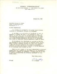 ["The document is addressed to Honorable George B. Schwab from the Ethyl Corporation regarding the funding of the National Institute of Neurological Diseases and Blindness. The document states that the current appropriation of $1,187,400 is inadequate and requests $8,000,000 for research grants and other purposes in 1953. The importance of research in neurological diseases is emphasized, and the recipient is urged to vote in favor of the necessary funding."]