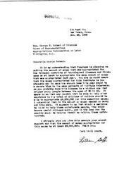 ["The document is written by Lillian on behalf of the National Institute of Neurological Diseases and Blindness, urging Representative  George B. Schwab to support the appropriation of at least $8,000,000 for the Institute. Lillian emphasizes the importance of finding a cure for Multiple Sclerosis and helping young people affected by the disease become productive citizens again. She argues that the country should prioritize funding for this cause, given the potential benefits in the long run."]