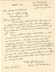 ["The document is a request for support and an eight million dollar appropriation for the National Blindness Institute of Neurological Diseases and for research in multiple sclerosis. The writer, Louise W. Schwabe, is particularly interested in finding a cure for multiple sclerosis as her sister-in-law is affected by the disease. She believes that funding for research will provide hope to sufferers and ultimately lead to a cure."]