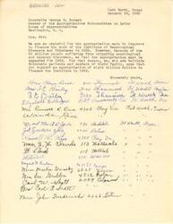 ["The document is a request to Honorable George B. Schwab for an increased appropriation of eight million dollars in funding for the Institute of Neurological Diseases and Blindness in 1953. Multiple Sclerosis patients and their family members are urging support for this funding due to the high number of people suffering from neurological and sensory disorders."]
