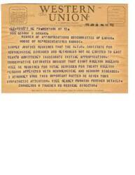 ["The document is a telegram from Cornelius H Traeger MD to Hon George B Schwab, urging for increased funding for the N.I.H. Institute for Neurological Diseases and Blindness to provide vital services for millions of people suffering from neurological and sensory diseases. The sender requests sympathetic attention to the matter and offers to provide further details if needed."]