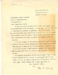 ["The writer is asking Congressman George B. Schwab for support in securing more government funding for the Institute of Neurological Diseases and Blindness. They explain the need for additional funds for research and other purposes, as well as their personal connection to the issue as a member of the Multiple Sclerosis Society. They emphasize the importance of more funding for the Society and ask for the congressman's help in advocating for this cause."]