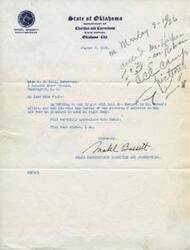 ["Mabel Bassett, State Commissioner of Charities and Corrections in Oklahoma, wrote a letter to Miss M. E. Pool asking for information on some pictures that were promised to her in May. She requested that Miss Pool contact Mr. Harper in Mr. Rowan's office to find out the status of the pictures."]