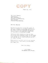 ["The document is in response to a request for pictures from Mrs. Mabel Bassett, Commissioner of the State Department of Charities and Corrections. The sender, M.E. Pool on behalf of Senator Elmer Thomas, states that they are working to send both small and larger pictures within the franking law limits. They express a desire to be of service and send good wishes."]