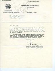 ["The document is a letter dated September 8, 1936, from Edward B. Rowan, Superintendent of the Section of Painting & Sculpture at the Treasury Department, to Miss E. M. Pool, Secretary to Senator Elmer Thomas. The document discusses the allocation of paintings and prints done under the Treasury Relief Art Project, with a group of paintings being sent to Mrs. Mabel Bassett and another group promised to be sent soon. Rowan mentions that Mr. Dows is in charge of the allocation process and has been referred to regarding a request for prints for Senator Thomas' office."]