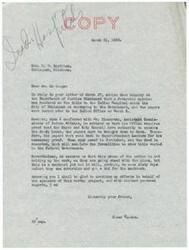 ["The letter is in response to a query about the title of the Indian Hospital being conveyed to the Government by the City of Tahlequah. While a favorable opinion on the title was given, further proof of the authority of the Mayor and City Council to execute the deed is required. This process is not holding up the work on the project, but it may take up to sixty days before a bid for the contract can be advertised and accepted. Senator Elmer Thomas assures continued efforts in support of the project."]
