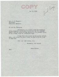 ["The text consists of a series of letters regarding the proposed Indian hospital in Tahlequah, Oklahoma. Elmer Thomas is corresponding with the Mayor of Tahlequah, J.P. Thompson, and Commissioner of Indian Affairs, John Collier, regarding the status of the construction of the hospital. Thompson is urging Thomas to expedite the matter and provide updates. Thomas assures both Thompson and Collier that he is looking into the issue and will provide further information when available."]