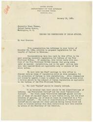 ["The letter outlines recommendations for proposed legislation for the benefit of Indians in Oklahoma, specifically members of the Five Civilized Tribes. The recommendations include defining classifications of Indians, extending trust periods for restricted Indian lands, retaining provisions of the Wheeler-Howard Bill, distributing restricted lands and funds, allowing removal of restrictions for qualified individuals, and making provisions for Indian subsistence homes and communities. The letter also addresses issues related to taxation of restricted Indian lands and distribution of Indian estates."]