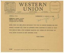 ["This text is a telegram requesting to send a message to United States Senator Dennis Chavey in New Mexico. The sender, Elmer Thomas, informs the Senator that he is unable to conduct hearings at the moment and will not be able to visit his section until after the November election. He appreciates the invitation and expresses interest in vacationing in New Mexico."]