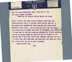 ["The text is a telegram sent to Senator Elmer Thomas regarding the Navajo Indians being upset about general conditions and administrative policy. The sender suggests that a subcommittee hold hearings and investigate the matter in the field. They also suggest that Senator Thomas take a break in New Mexico."]