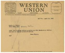 ["The text is a template for sending a telegram through Western Union, specifying different classes of service such as full rate, deferred, and night message. It also includes the names and positions of the company officials. The message being sent relates to a discussion with Commissioner Collier."]