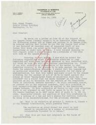 ["Thompson & Roberts, Attorneys at Law, wrote a letter to Senator Elmer Thomas on June 29, 1935, regarding the Quapaw Tribal Council's objections to an Executive Order. They expressed concerns about a provision in the Indian Bill that imposed a tax on the Quapaw Indians' funds. They argued that this provision was unconstitutional and unjust. They suggested amending the bill to remove this tax and ensure that the Quapaw Indians' invested funds remain tax-free."]