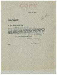 ["Chief Little Jim of Norman, Oklahoma, wrote to Senator Elmer Thomas expressing concern that his band was not given the opportunity to be represented at Congressional hearings regarding the Thomas-Rogers Bill. Senator Thomas forwarded the letter to John Collier, Commissioner of Indian Affairs, who responded stating that a delegate had already been selected for the Absentee Shawnee Indian Tribe to represent them at the hearings. The Indian Office provided documentation showing that the selection process had been followed and that no further appeals would be considered. Senator Thomas informed Chief Little Jim of this decision and stated that another delegate would not be authorized to attend the hearings."]