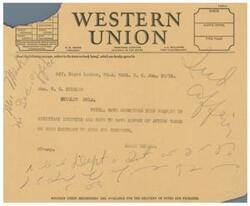 ["A message is being sent to Honorable W. G. Stigler in Stigler, Oklahoma regarding a request submitted to the Secretary of the Interior. The sender, Elmer Thomas, hopes to have a report on the action taken on Stigler's contract by the next day. Additionally, Western Union messengers are available for the delivery of notes and packages."]