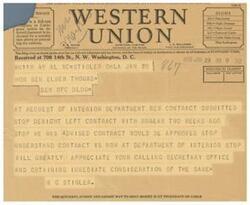 ["The text is a message sent via telegram to Senator Elmer Thomas regarding a contract submitted to the Interior Department. The sender requests the Senator to follow up with the Secretary's office for immediate consideration of the contract. The message emphasizes the efficiency and safety of sending money via telegraph or cable."]