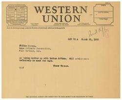 ["The text is about a telegram regarding a matter being taken up with the Indian Office, with a request for clarification on the status of the matter from Honorable John Collier, Commissioner of Indian Affairs. The sender is Elmer Thomas and the recipient is Hillie Marcus. The telegram emphasizes the importance of checking the class of service desired for the message to be transmitted correctly."]