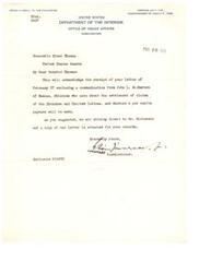 ["The text is a series of letters regarding the settlement of claims of the Cherokee and Choctaw Indians and the possibility of a per capita payment. The Court of Claims rendered decisions unfavorable to the Cherokee Indians, and no payment is anticipated. For the Choctaw Indians, a per capita payment of $5.00 is considered, but it is believed that conserving the funds for the general benefit of the tribe is more important at this time. The letters acknowledge communication from Senator Elmer Thomas and inform John L. Richerson of the status of the claims."]