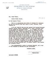["Senator Elmer Thomas received a letter from John Jones of Keota, Oklahoma regarding a suit involving the Choctaw and Chickasaw tribes and the Choctaw-Chickasaw Electric Railway Company. The Commissioner of Indian Affairs, William Zimmerman, responded, stating that there was no identified suit against the railway company mentioned by Jones. It was mentioned that a suit involving a railroad right of way strip and oil and gas leases was dismissed, and it may be necessary to bring a suit to clear title to the strip. Revenue from the disposal of the strip will belong to the Choctaw and Chickasaw tribes unless determined otherwise by the courts. Jones' letter was returned to Senator Thomas with a copy of the response."]