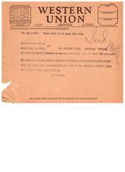 ["The text is a telegram regarding a message to be sent to Senator Elmer TH and Colonel H.G. House. The message is about Commissioner Collier advising the department is unwilling to authorize a change in sealed bids for the lease of Gale Choctaw-Chickasaw right of way. Senator Anglin has also been advised. The telegram also mentions that the quickest, surest, and safest way to send money is by telegraph or cable."]