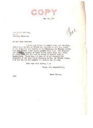 ["The author is responding to a letter from Mrs. Pearl Sellers regarding the status of funds for the Chickasaw and Choctaw Tribes. The Indian Office has informed the author that the funds do not justify a per capita payment this year, as the tribes are trying to dispose of their timber lands for additional funds but it will not be enough. There is no prospect for disposing of the coal lands belonging to the tribes, so the payment mentioned by Mrs. Sellers cannot be made. The author sends best wishes."]