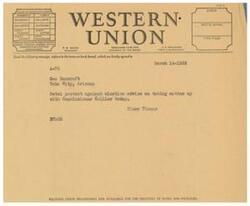 ["The text is a template for sending a telegram through Western Union. It includes options for different classes of service, such as domestic, cable, day letter, night message, etc. It also includes instructions for patrons to check the desired class of service, and the names of company executives. The specific message being sent is a protest against an election, to be delivered to Geo Bancroft in Tuba City, Arizona."]