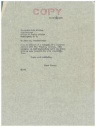 ["Elmer Thomas received a telegram from people in Winslow, Arizona regarding a matter related to the Office of Indian Affairs, and he is forwarding it to Commissioner John Collier for consideration."]