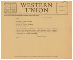 ["The sender is requesting authorization for hearings on an Oklahoma relief bill from Honorable John Collier at the Office of Indian Affairs in Washington, D.C. They suggest having attorneys representing various interested Tribes attend the hearings. Patrons should check the class of service desired for the message to avoid being transmitted as a full-rate communication."]