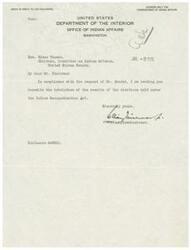 ["The text is a letter from the Assistant Commissioner of Indian Affairs to Chairman Elmer Thomas, providing him with the results of the elections held under the Indian Reorganization Act as requested by Grorud."]