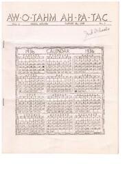 ["The text is a calendar for the year 1936, listing the months and dates. It also includes a map of the Buckeye Reservation with various Papago villages and boundaries indicated. The text was published in Sells, Arizona in January 1936."]