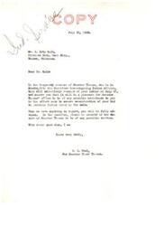 ["The letter acknowledges receipt of a bid to purchase Indian lands and assures assistance in securing consideration of the bid. It also requests information on past due taxes and penalties on Indian lands purchased by Kolb. Senator Thomas is temporarily absent, and his office will provide any possible service. Senator Thomas also requests a report on the actions taken on Kolb's requests."]