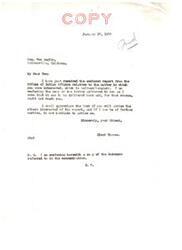 ["Senator Elmer Thomas received a report from the Office of Indian Affairs regarding a matter he was interested in and forwarded it to Honorable Tom Anglin. The report pertained to Section 14 of the Act of April 26, 1906. The Indian Office was unable to locate the original draft of the legislation, but suggested obtaining a copy from the H. R. Document Room. The letter also mentioned briefs filed by B. B. Blakeney, Esq. regarding the status of certain lands within the Choctaw and Chickasaw Nations. Senator Thomas was advised to refer to the enclosed Indian Office letter sent to Honorable Tom Anglin for further information."]