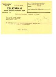 ["Standard Form No. 14A telegram from the Interior Department to Senator Elmer Thomas regarding attorneys fees in the Sawyer case, to be reported at the earliest convenience. Sent from Muskogee, Oklahoma on December 16, 1936."]