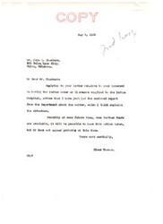 ["The letter from Elmer Thomas to John A. Chambers discusses the possibility of supplying radium water to the Indian Hospital in Claremore. The Department of the Interior states that although funds were allocated for this in the past, it is not currently planned due to budget constraints and doubts about the effectiveness of radium water treatment. Patients can seek such treatment at other facilities in Claremore if desired."]