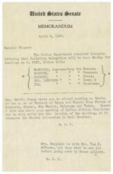 ["The memo informs Senator Thomas about a delegation coming for hearings on an Indian bill, and a meeting with Members of House and Senate from certain states. Representative Marvin Jones wants Senator Thomas to attend the meeting, but the memo mentions conflicting meetings. Mrs. Benjamin and Mrs. Tom D. McKeown also want to see Senator Thomas before going to the House gallery."]