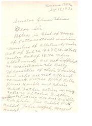 ["The letter is addressed to Senator Elmer Thomas requesting assistance for Pottawatomi Indians who do not have sufficient allotments to support their families and are not allowed to work on the Relief Rolle. The writer, Jim Kahelot, asks for advice on how to obtain further sustenance for their families. The letter also mentions previous unsuccessful attempts to seek help from the office of Senator Thomas."]